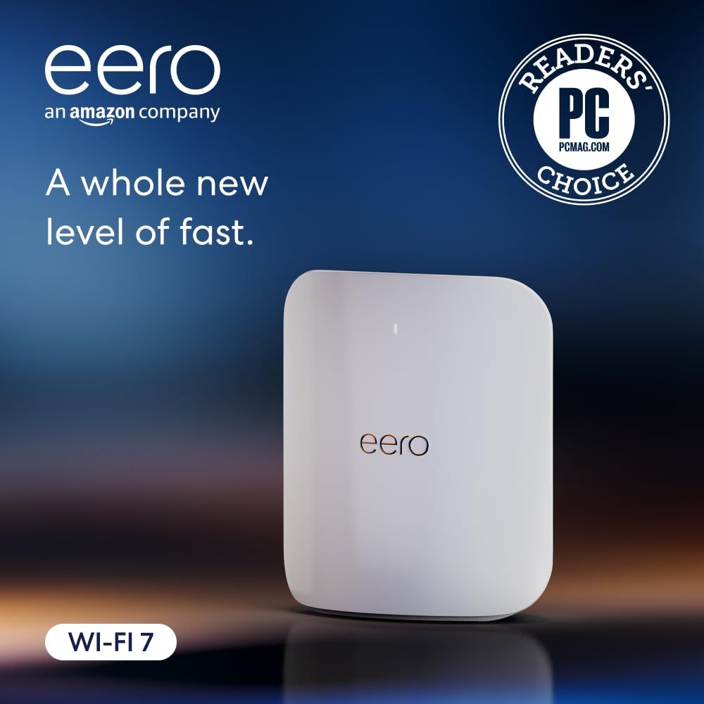 Showcases the eero Wi-Fi 7 router as a sleek, modern networking device that delivers fast internet speeds, reinforced by the PC Mag Readers Choice award badge to build trust and credibility.…