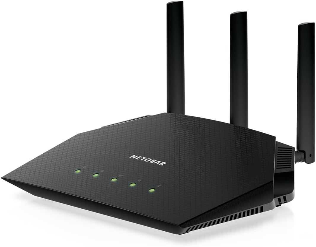 Displays the core product clearly on a clean white background to show the router's physical design, antenna configuration, and brand identity.