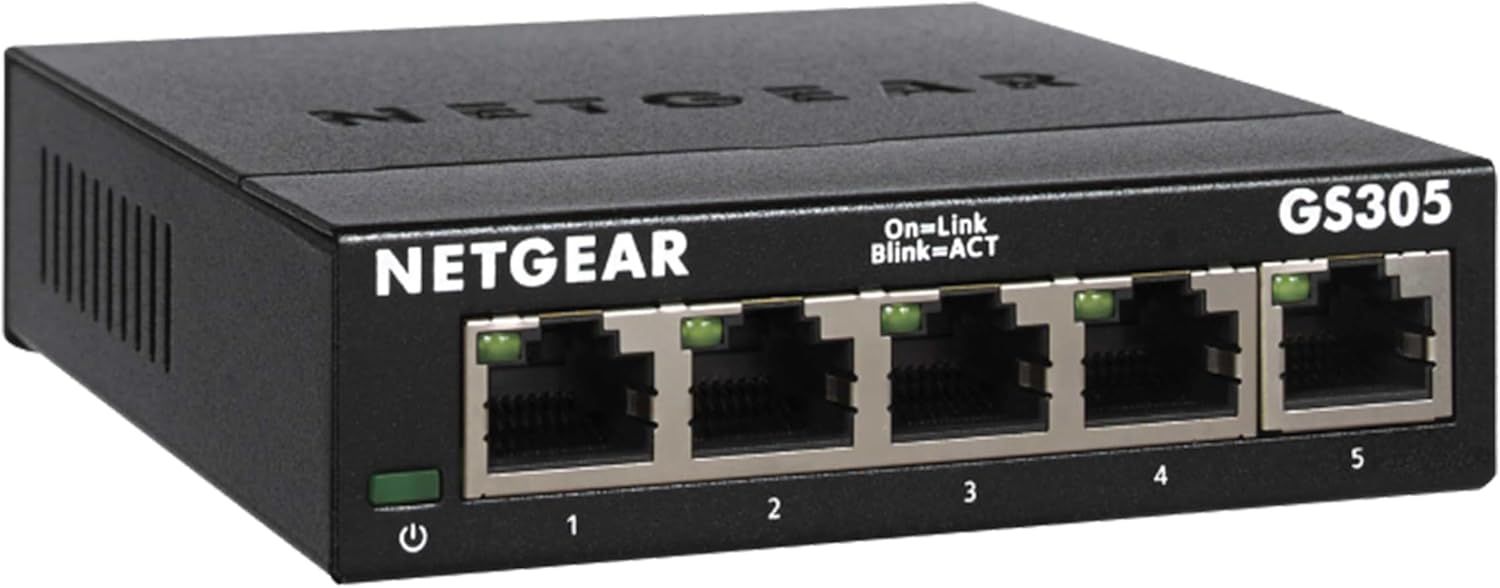 Displays the NETGEAR GS305 5-port network switch clearly on a white background to show the physical product, its ports, LED indicators, and model number for catalog identification.