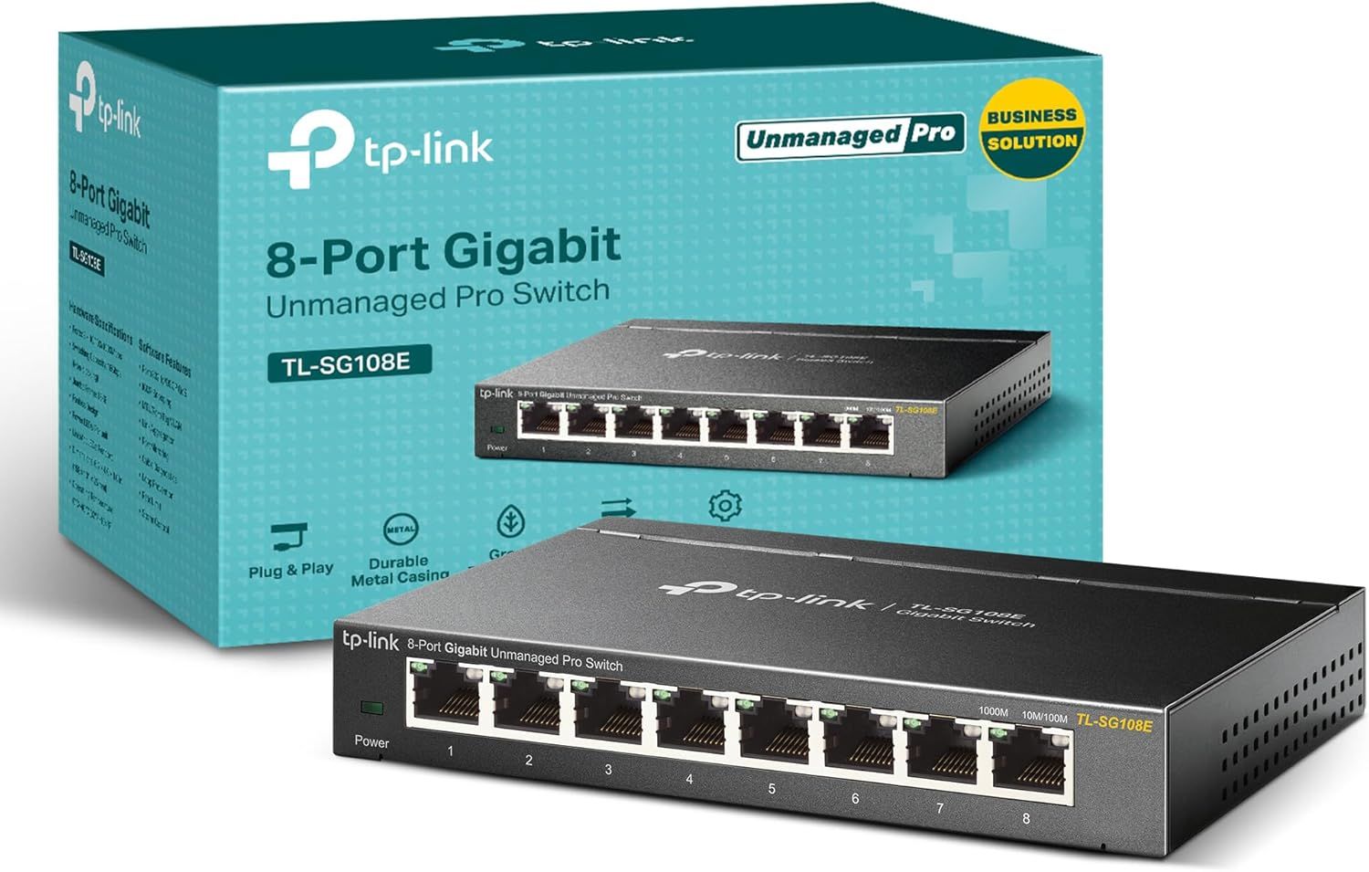 Shows the core product, a TP-Link 8-port gigabit unmanaged pro switch, clearly displaying both the physical device and its retail packaging to help shoppers understand what they will receive.…