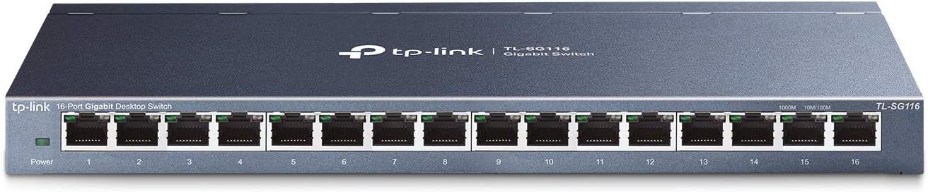Displays the core product clearly on a clean white background to show the physical design, port layout, and branding of the network switch. Uses a subtle drop shadow beneath the product to give it…