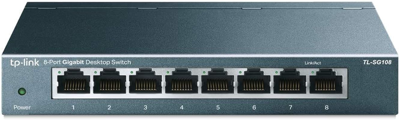 Displays the core product clearly on a clean background to show the physical design, port configuration, and branding of the network switch.