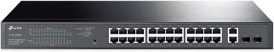 Displays the core product, a TP-Link network switch with multiple ethernet ports, in a clean catalog-style presentation to show shoppers exactly what they will receive. Uses a dark-to-light gradient…