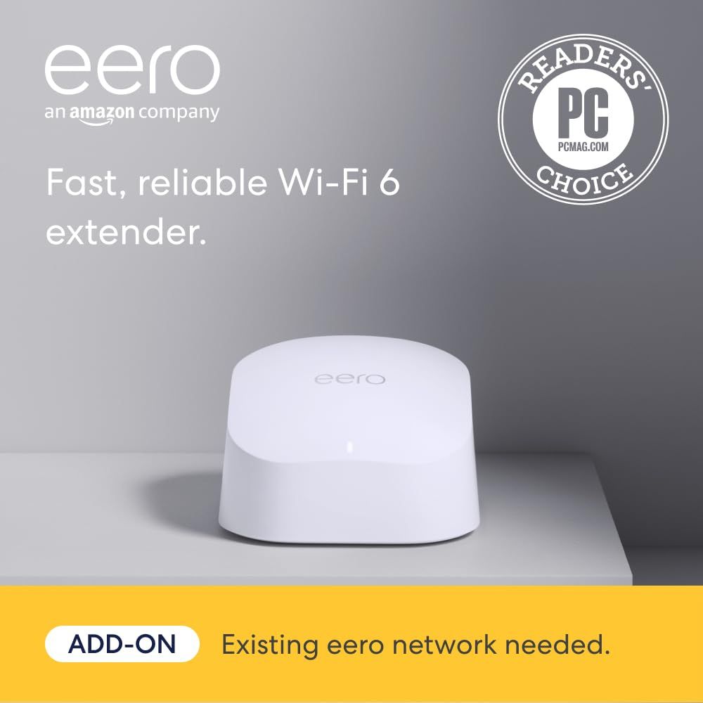 Showcases the eero Wi-Fi 6 extender as a fast, reliable networking solution, reinforced by the PC Mag Readers' Choice award badge to build trust and credibility. Communicates that this is an add-on…