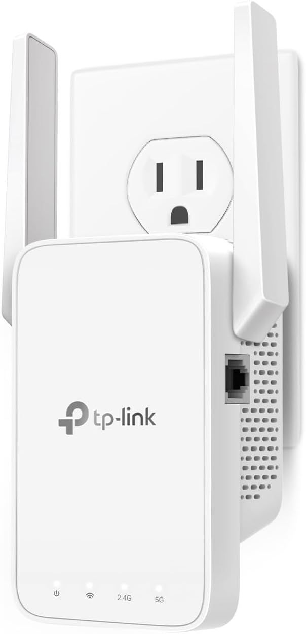Shows the TP-Link WiFi range extender clearly with its plug-in design, antennas, and dual-band capabilities to help shoppers understand what the product looks like and how it plugs directly into an…