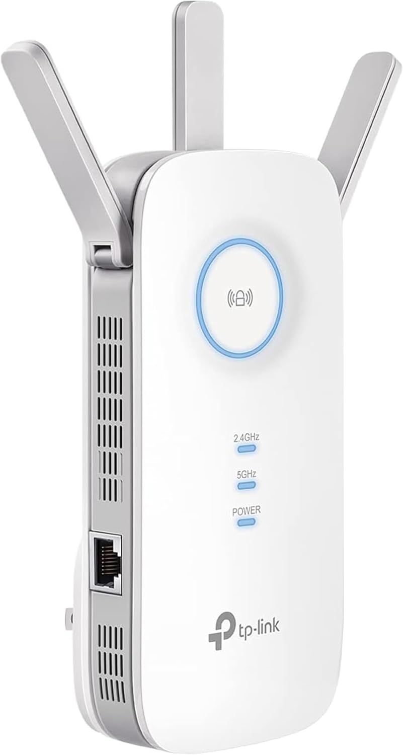 Displays the TP-Link WiFi range extender clearly on a white background, showing its physical design, antenna configuration, indicator lights, and ethernet port to help shoppers understand what they…