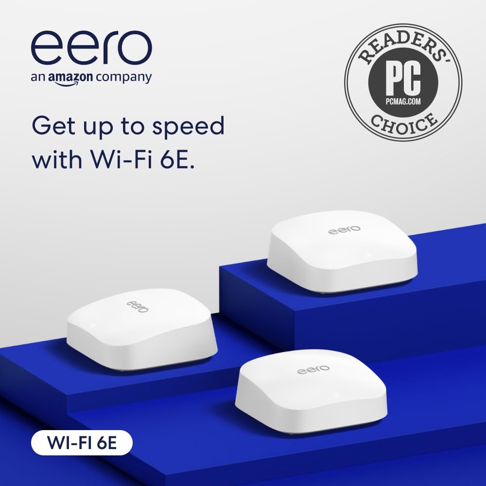 Showcases the eero Wi-Fi 6E mesh router units to communicate the product's modern design and multi-unit coverage capability, reassuring shoppers they can achieve fast, whole-home connectivity.…