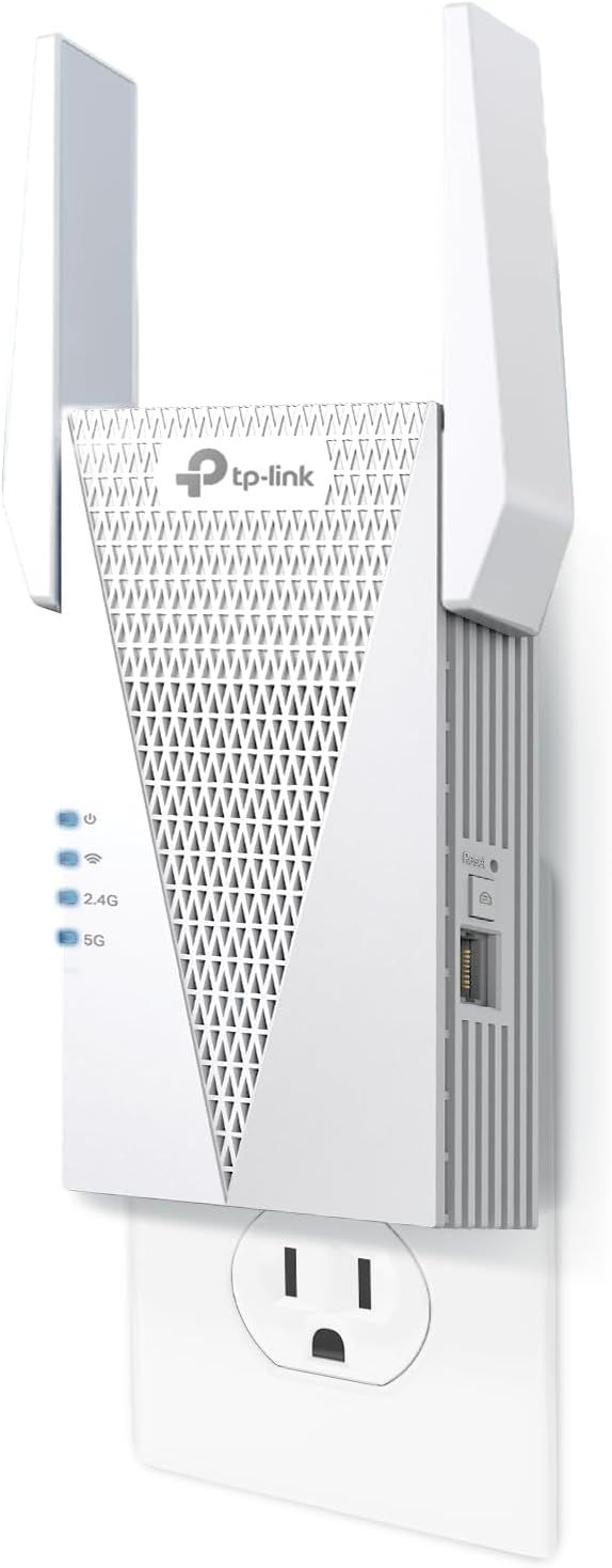 Shows the TP-Link WiFi range extender clearly with its distinctive design, dual antennas, indicator lights for power, WiFi, 2.4G and 5G bands, and wall-plug form factor to communicate the product's…