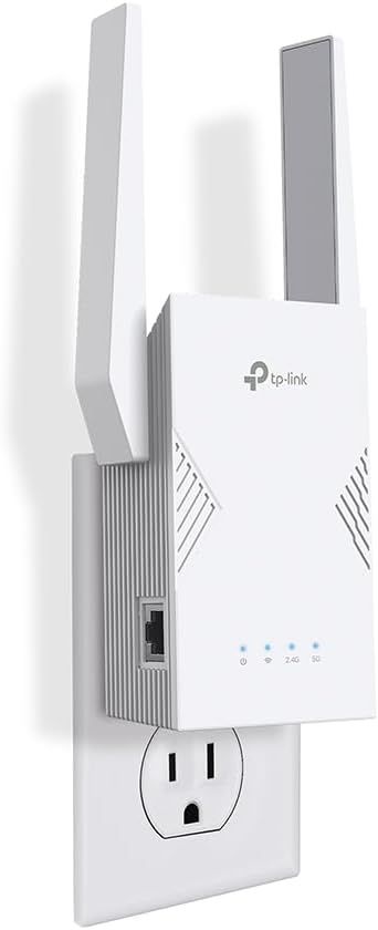 Shows the TP-Link Wi-Fi range extender plugged into a wall outlet to communicate its plug-and-play design and multi-antenna configuration for extended wireless coverage. Uses subtle drop shadows…