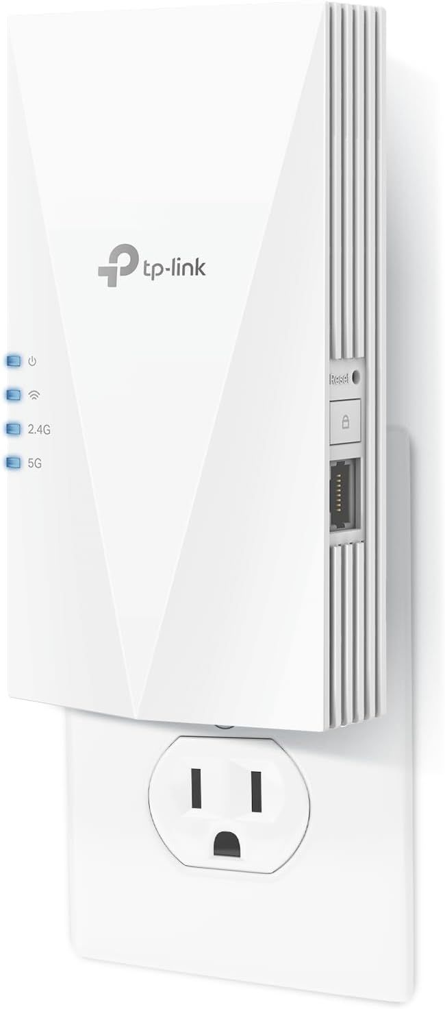 Shows the TP-Link WiFi range extender clearly on a white background, highlighting its compact plug-in form factor, dual-band capability (2.4G and 5G indicators), and key features like the reset…