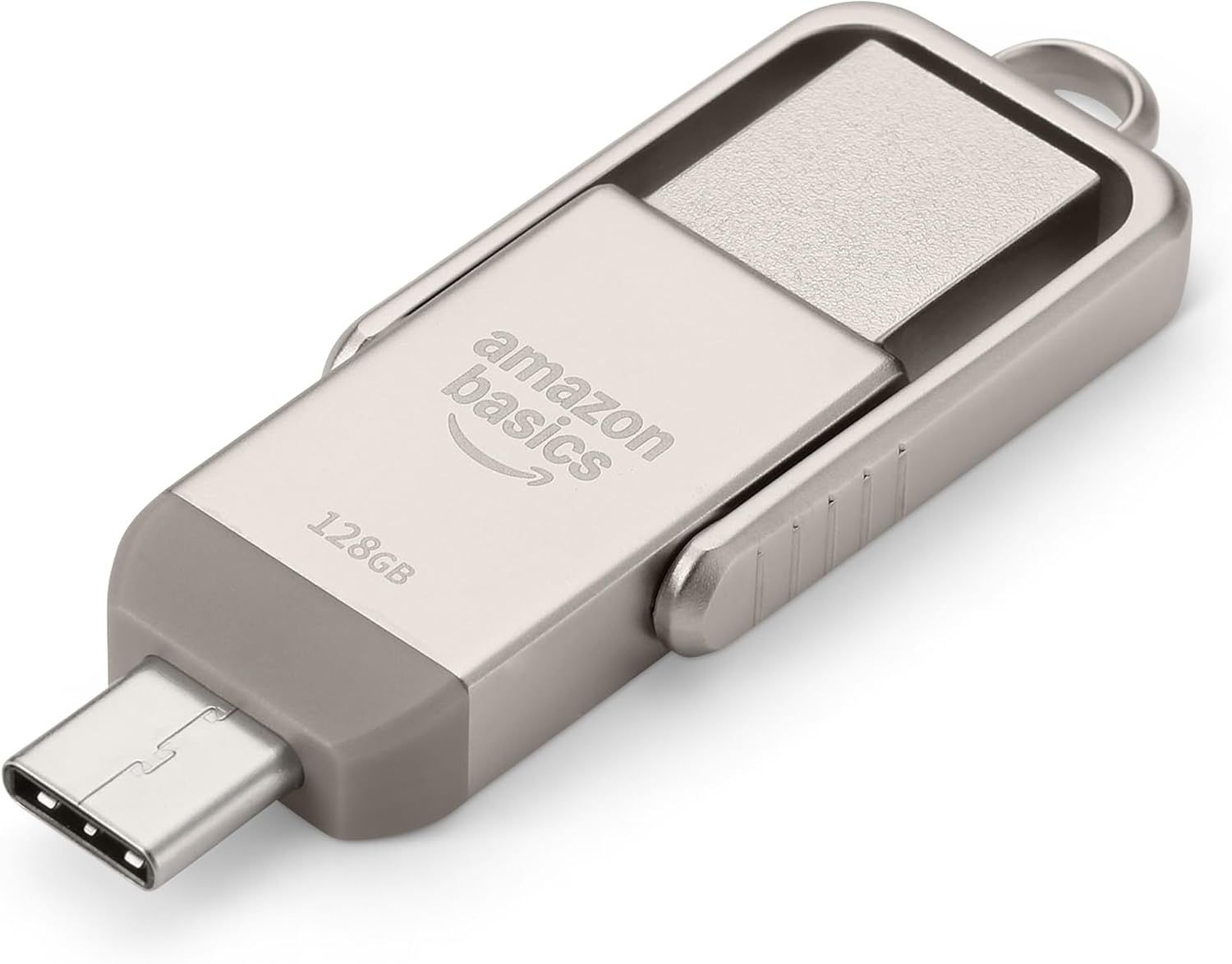 Displays the Amazon Basics USB-C flash drive clearly on a white background, showing the product design, branding, storage capacity, and USB-C connector to help shoppers understand what they are…