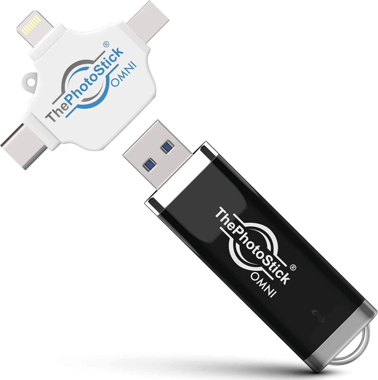 Shows the core product - a multi-connector USB flash drive with various ports (Lightning, USB-C, USB-A) to communicate its universal compatibility across different devices. Displays two color…