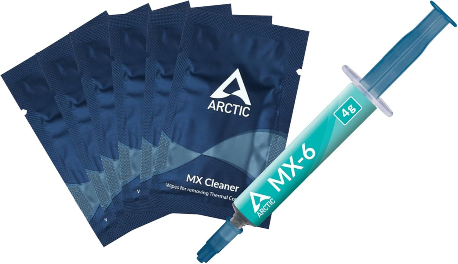 Shows the complete thermal paste application kit including the MX-6 thermal compound syringe and MX Cleaner wipes, communicating that this is a comprehensive solution for CPU/GPU thermal management.…