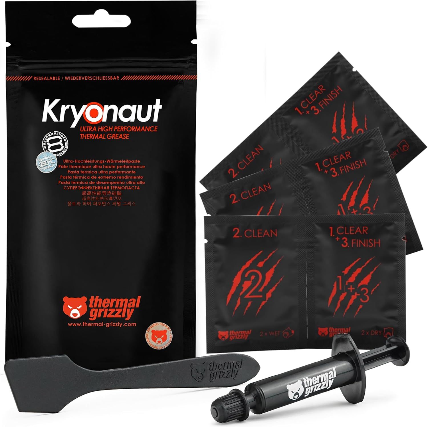 Shows the complete thermal grease kit including the main product pouch, thermal paste syringe, application spatula, and cleaning/finishing wipes to communicate everything included in the purchase.…
