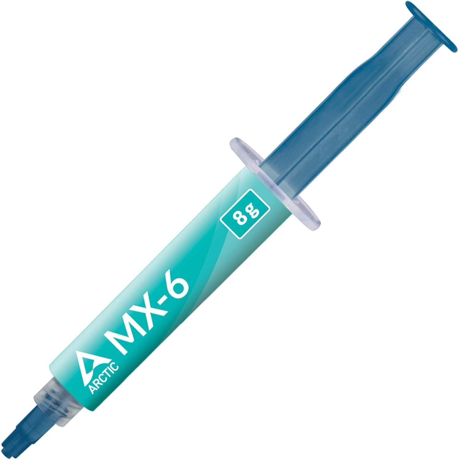 Displays the core product, a thermal paste syringe labeled MX-6 Arctic with 8g capacity, clearly showing the product form and branding on a clean white background.