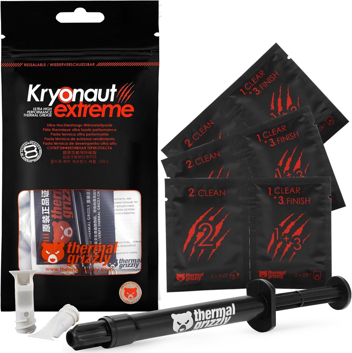 Displays the complete Kryonaut Extreme thermal paste kit with all included components (paste, applicators, cleaning wipes) to show shoppers exactly what they will receive. Shows all the included…