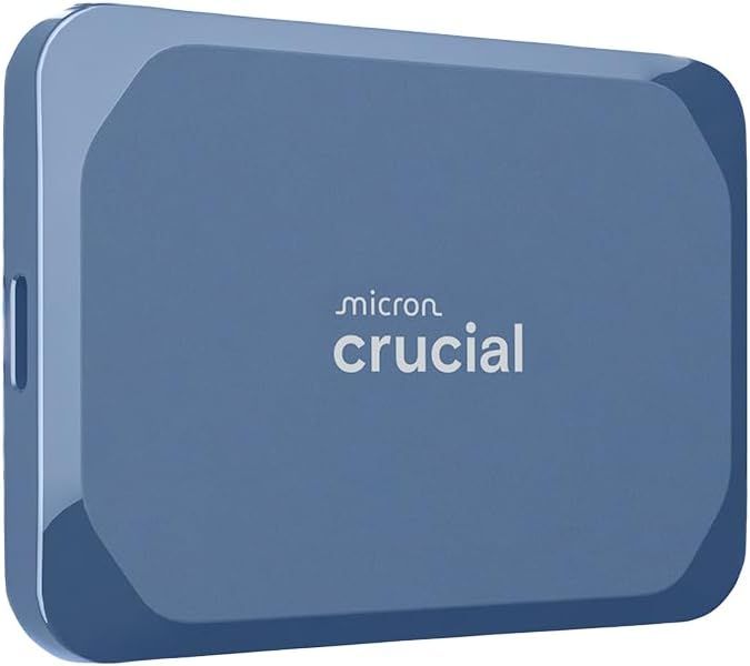 Displays the Crucial external SSD in a clean catalog-style presentation to show the product design and branding clearly to shoppers.