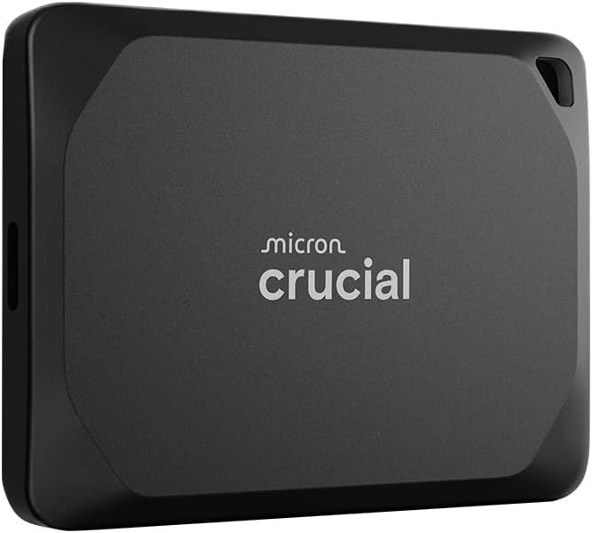 Displays the core product, a Crucial portable SSD, in a clean catalog-style presentation to show the physical design and branding clearly to shoppers.