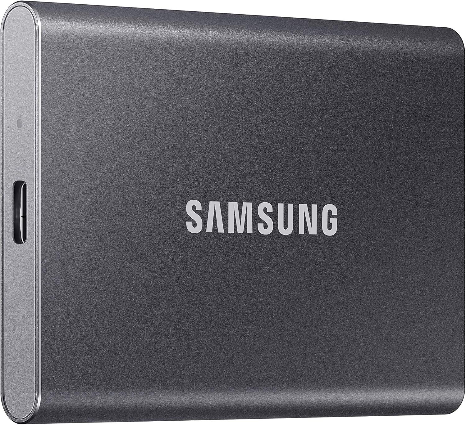Shows the Samsung external SSD drive in a clean catalog presentation to communicate the product's compact, professional design and brand quality.