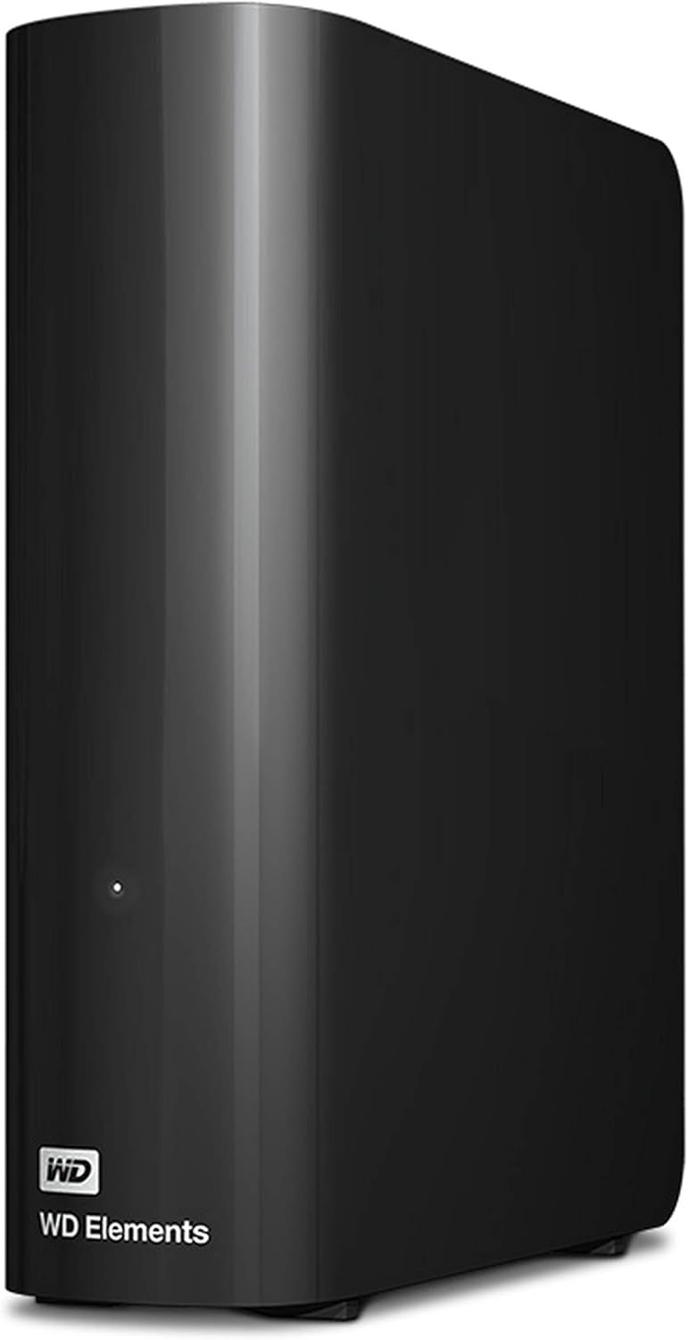 Displays the WD Elements external hard drive as the core sellable product in a clean, catalog-style presentation to show shoppers exactly what they will receive. Uses a dark gradient background with…