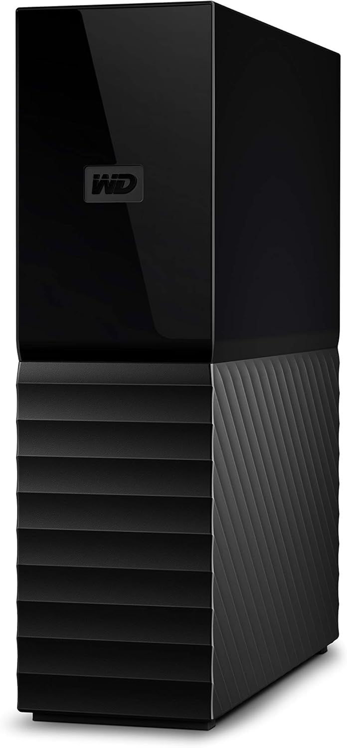 Displays the WD external hard drive in a clean catalog style to show the product design, branding, and physical appearance including the distinctive textured base and glossy top.