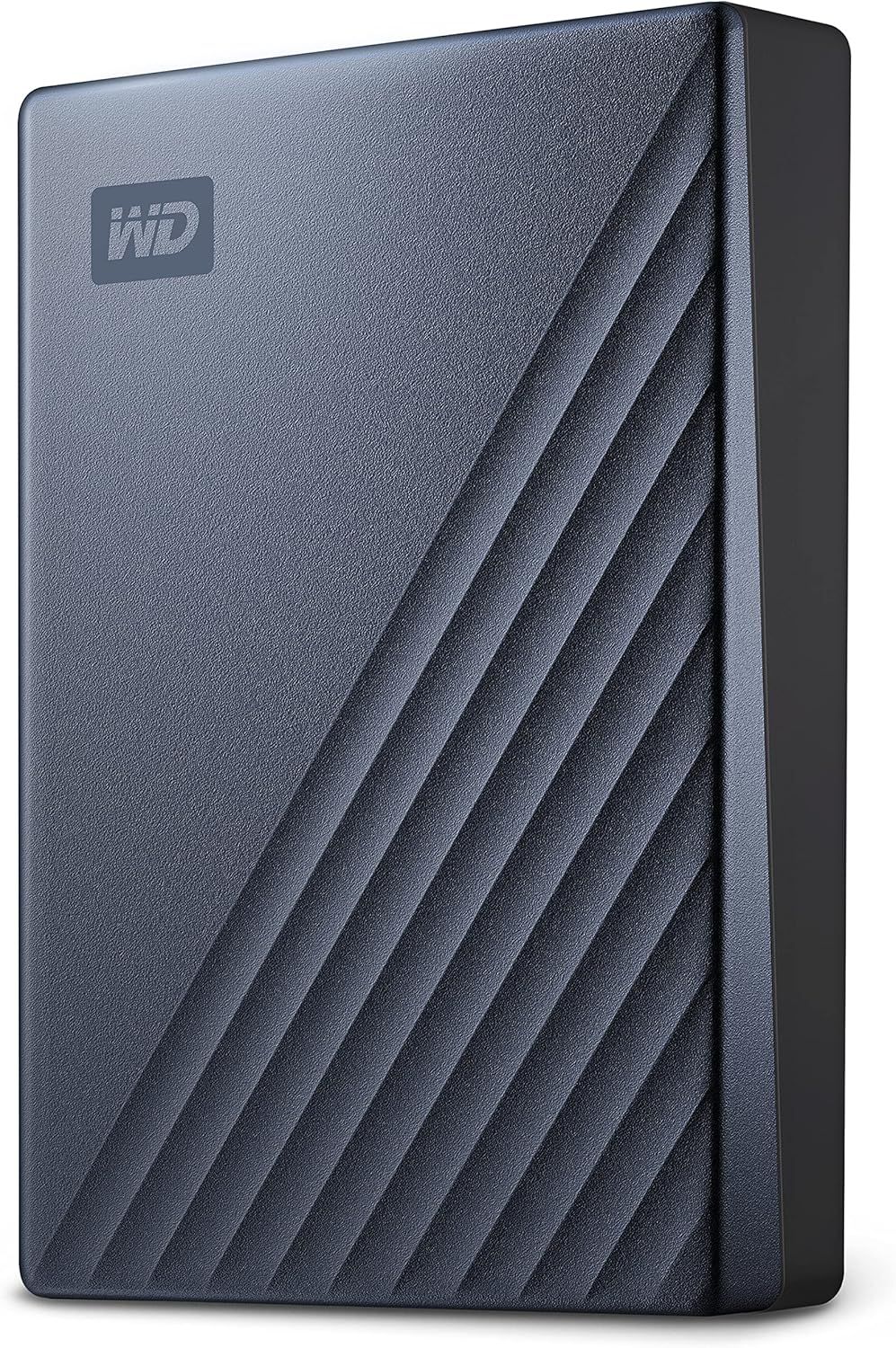 Displays the external hard drive as the core product with its distinctive diagonal textured pattern and WD branding, allowing shoppers to see the physical design and size of the storage device.