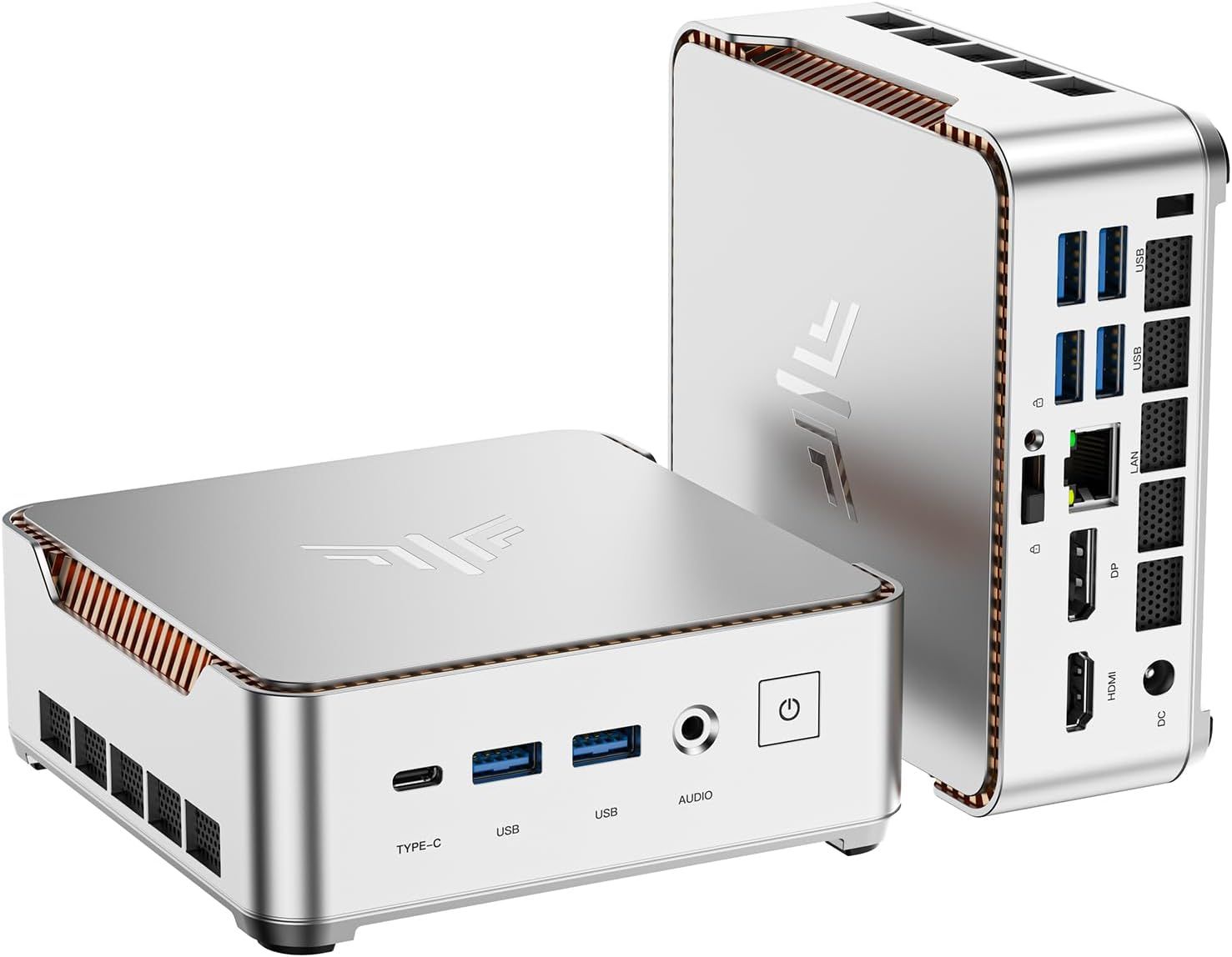 Displays the core product, a compact mini PC with premium aluminum design, showing both front and back views to communicate its small form factor and extensive port selection for connectivity.…