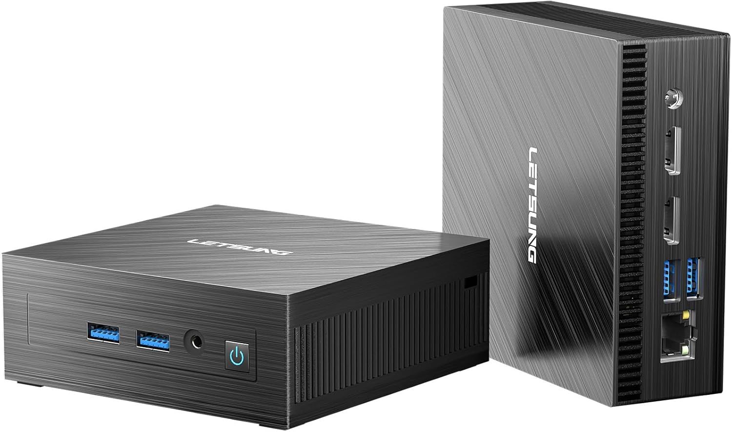 Shows the mini PC from two angles to communicate its compact form factor and port configuration, helping shoppers understand the physical design and connectivity options.