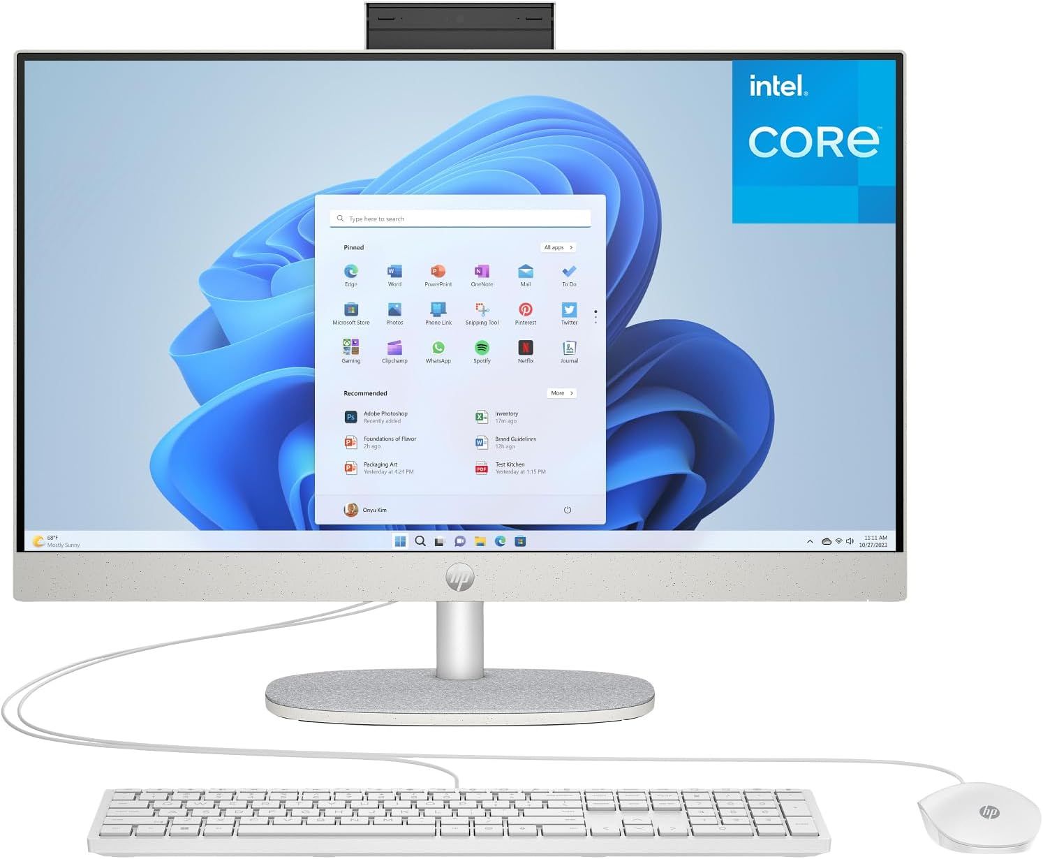 Shows the complete desktop computer system including the monitor displaying Windows 11 interface, keyboard, and mouse to communicate what the buyer receives as a complete workstation setup.