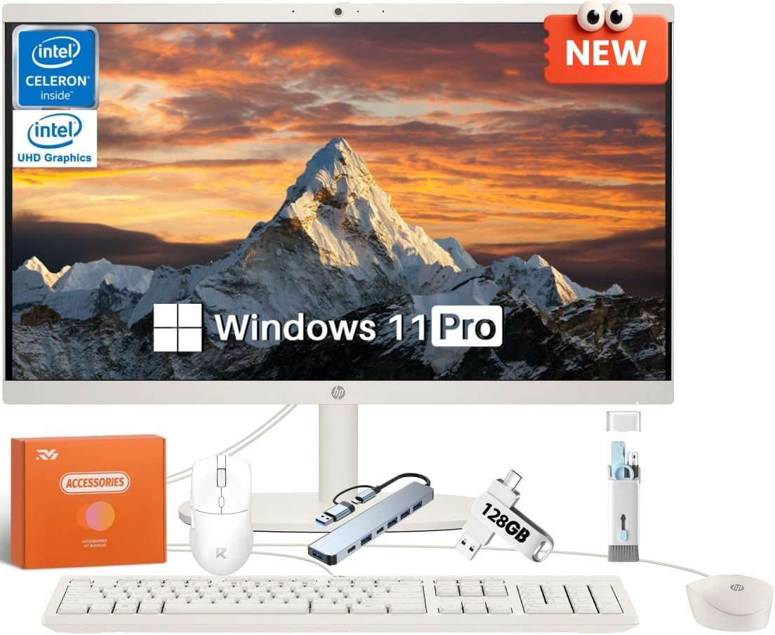 Displays the complete desktop computer system with monitor, keyboard, mouse, and included accessories to show shoppers everything they receive in the purchase. Showcases all the bonus accessories…