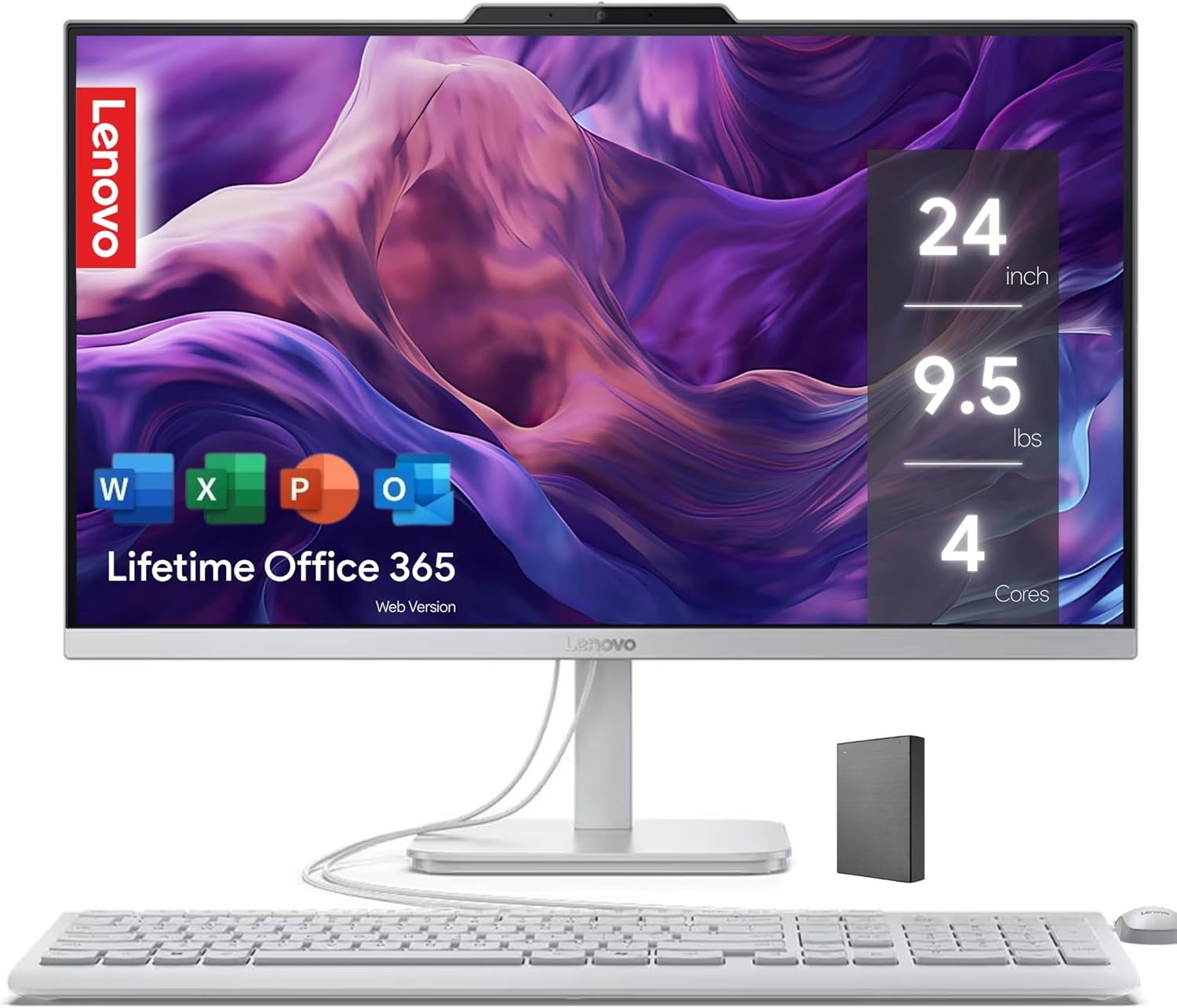 Shows the complete Lenovo desktop computer system including monitor, keyboard, mouse, and tower to give shoppers a clear view of what they will receive. Communicates key product specifications (24…