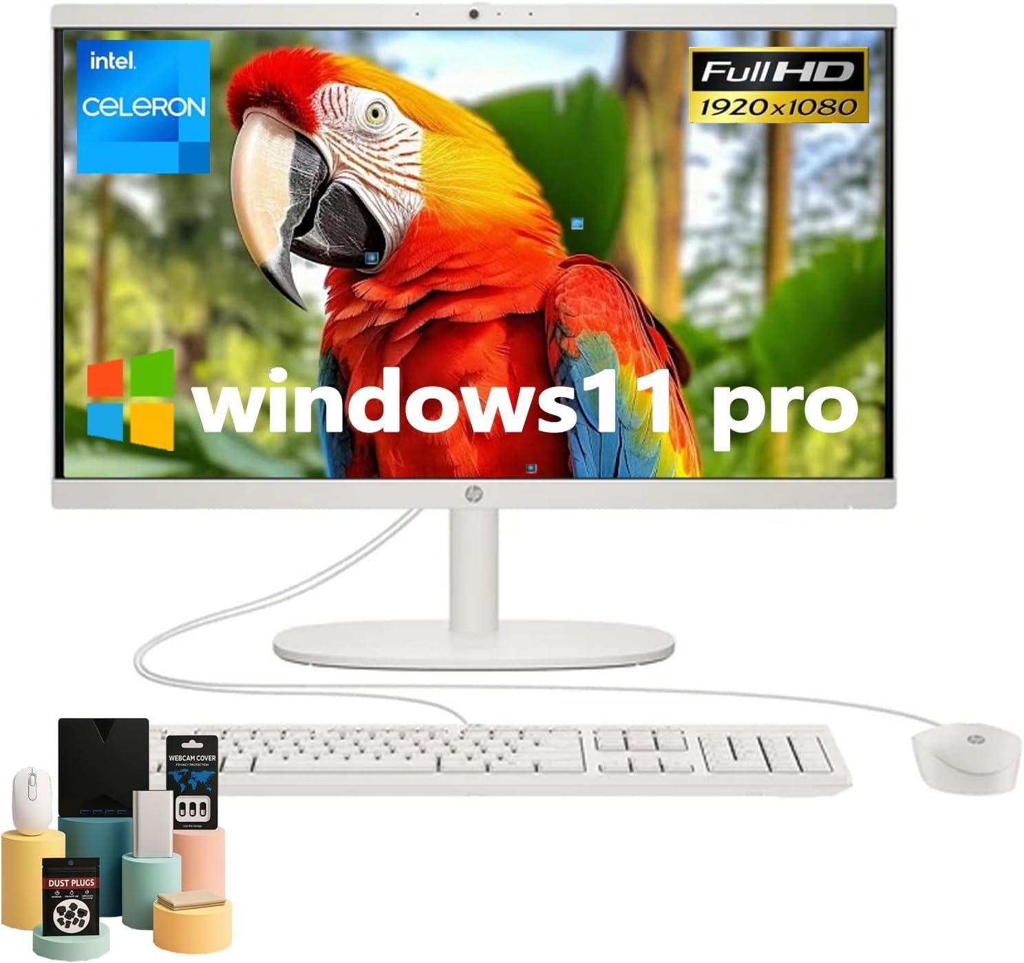 Shows the complete desktop computer system including monitor, keyboard, mouse, and accessories to communicate the full package the buyer will receive. Displays all included accessories such as…