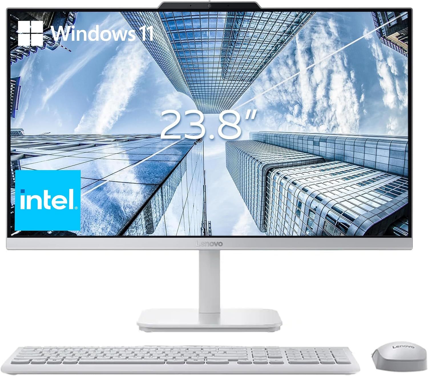 Shows the complete Lenovo all-in-one desktop computer with monitor, keyboard, and mouse to communicate the full product offering and key specifications like screen size and operating system.…