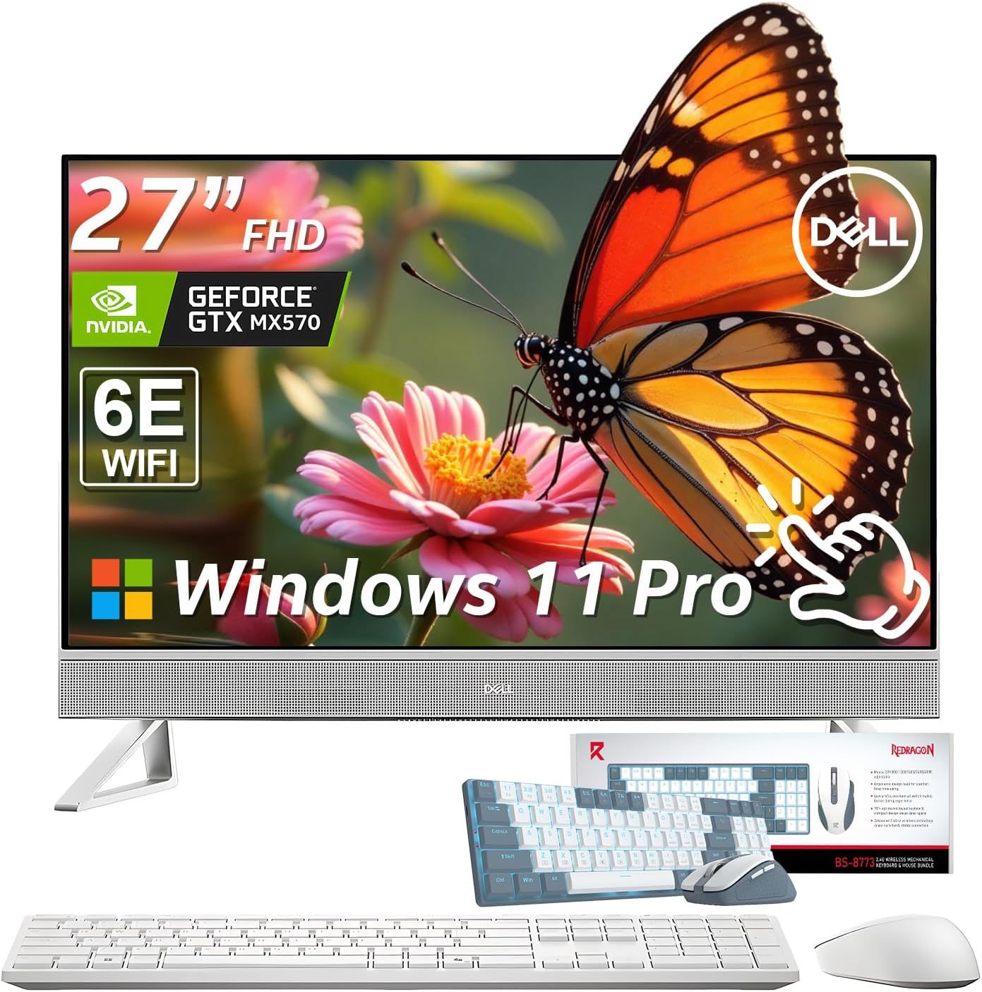 Shows the complete desktop computer system including the monitor displaying specifications, keyboard, and mouse to communicate what the buyer receives in the package. Uses multiple graphic overlays…