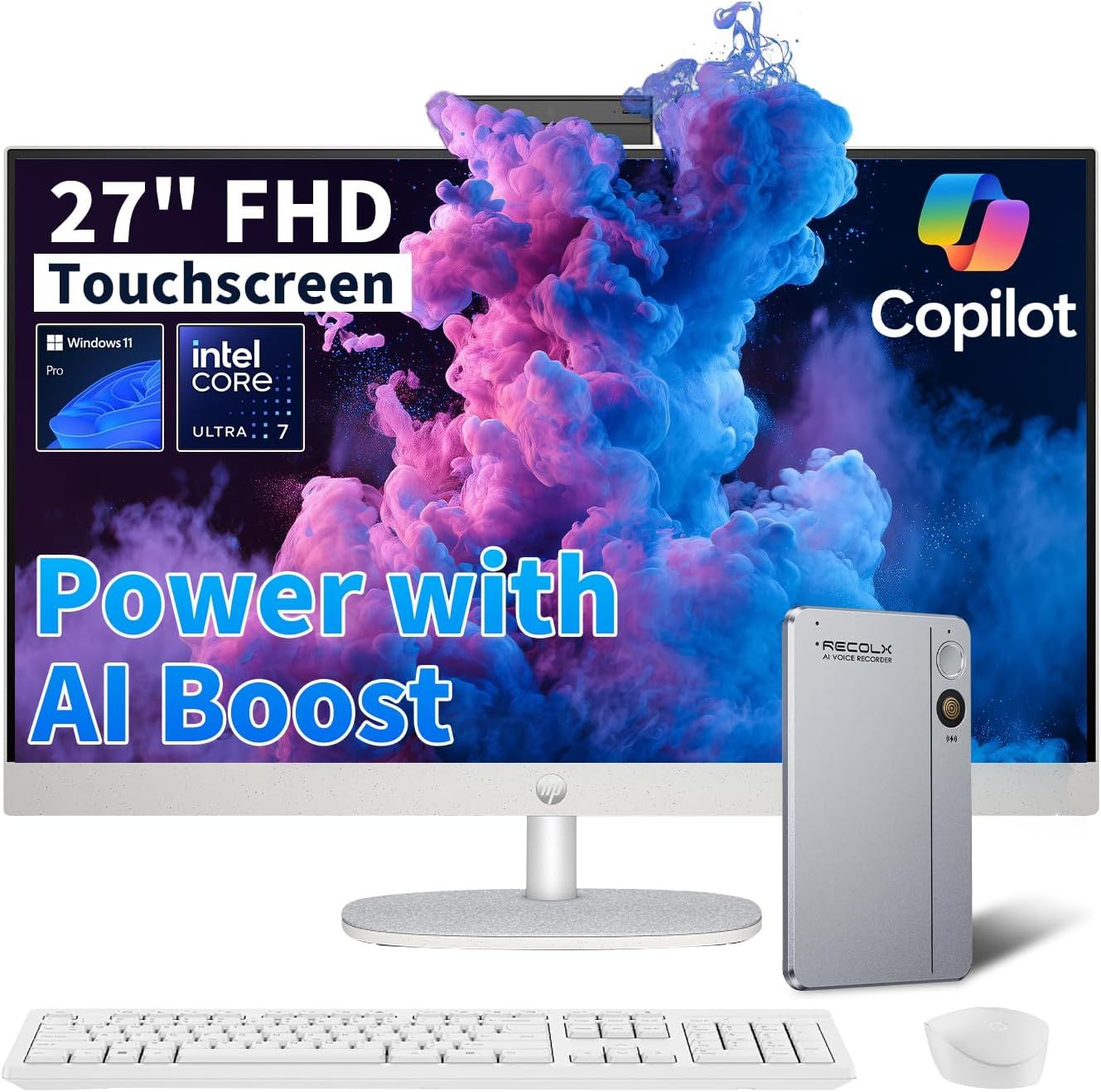Displays the complete desktop computer system including monitor, tower, keyboard, and mouse to show shoppers exactly what they will receive and communicate the key technical specifications and AI…