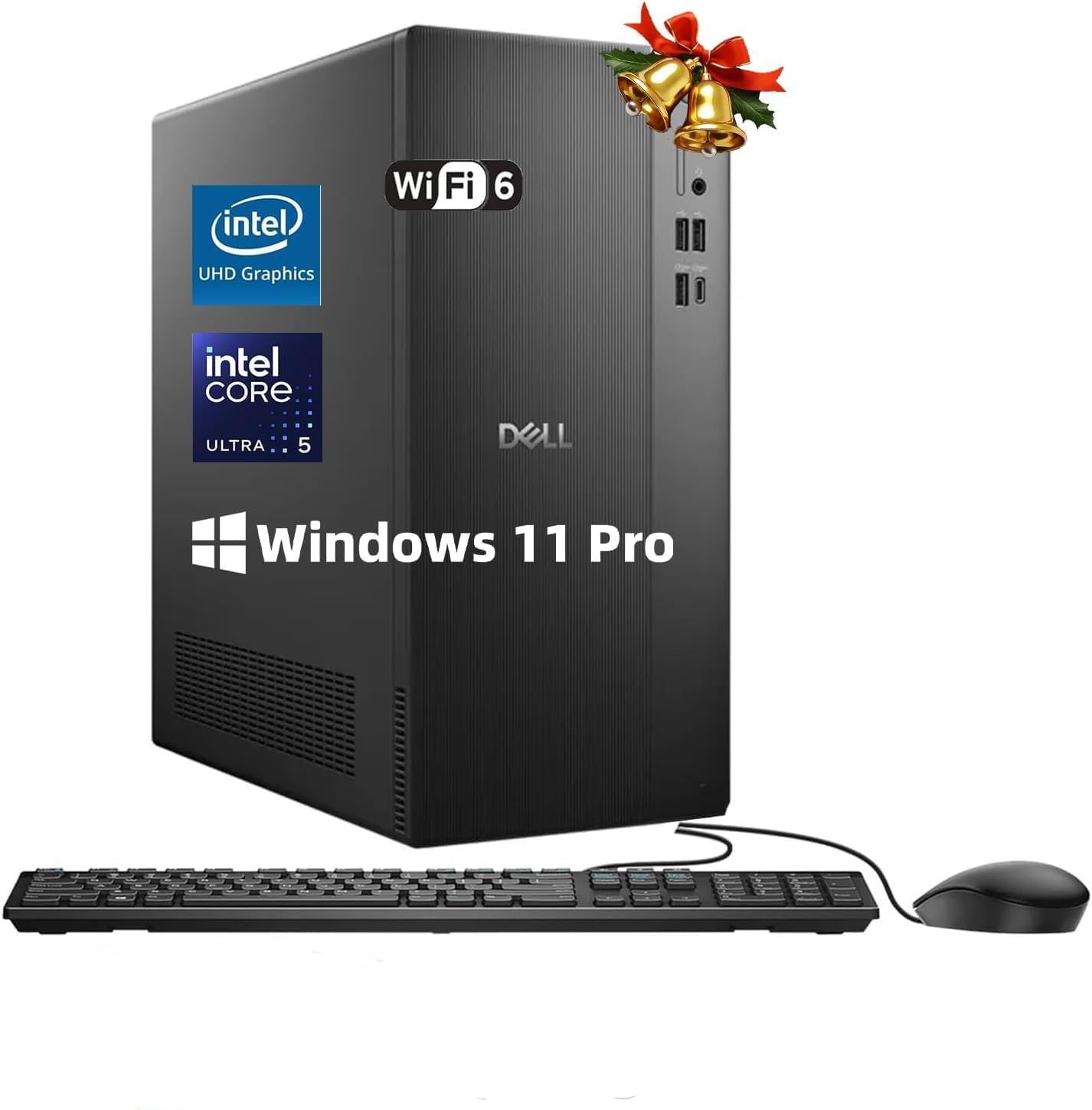 Shows the complete desktop computer system including the tower, keyboard, and mouse to communicate what the buyer will receive. Displays key technical specifications through graphic overlays and…