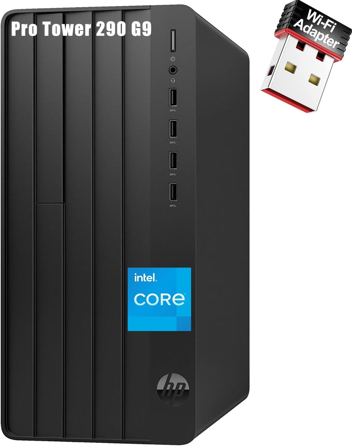 Displays the HP Pro Tower 290 G9 desktop computer as the core product, showing its front panel design with ports and Intel Core branding to communicate the product's professional computing…