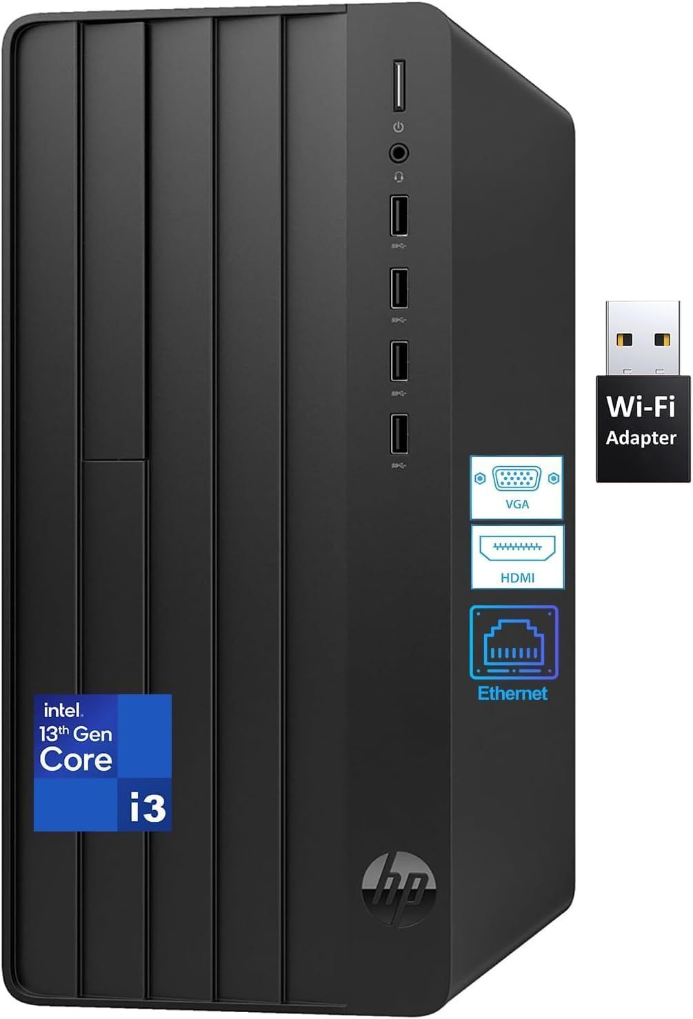 Shows the core desktop computer product with its front and rear connectivity ports, communicating the physical design and key technical specifications to help shoppers understand what they are…