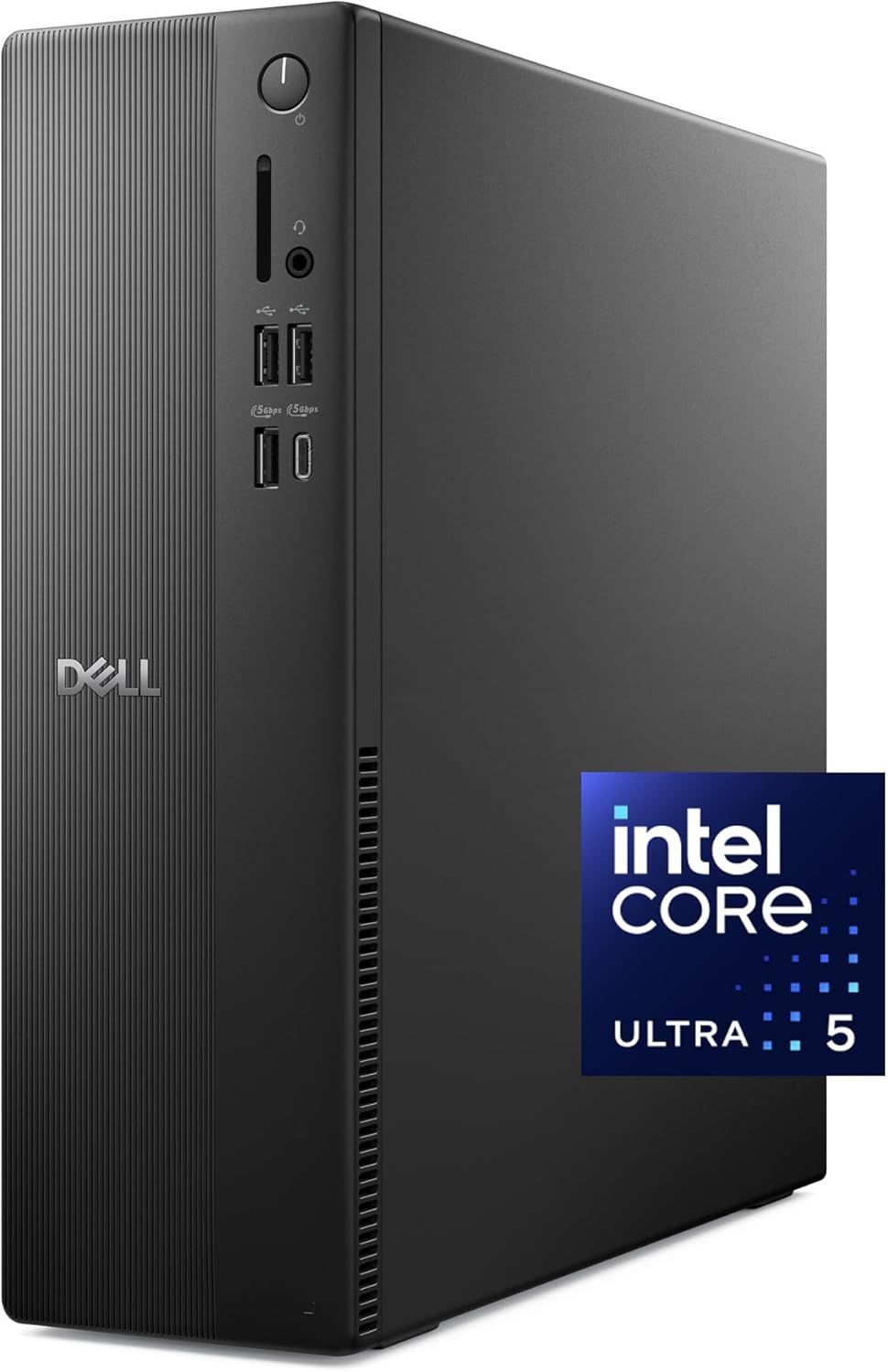 Shows the Dell desktop computer tower with visible front panel ports and power button to communicate the core product design and accessible connectivity options. Displays the Intel Core Ultra 5…