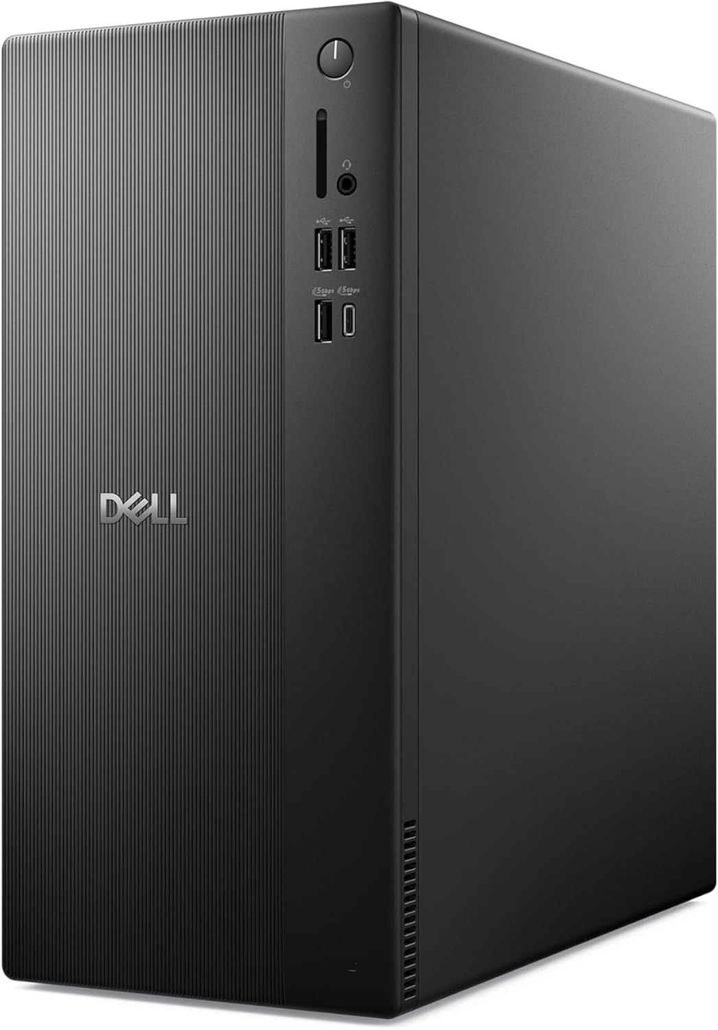 Displays the Dell desktop computer tower in a clean catalog style to show the product design, form factor, and front panel connectivity options including USB ports, audio jack, and power button.