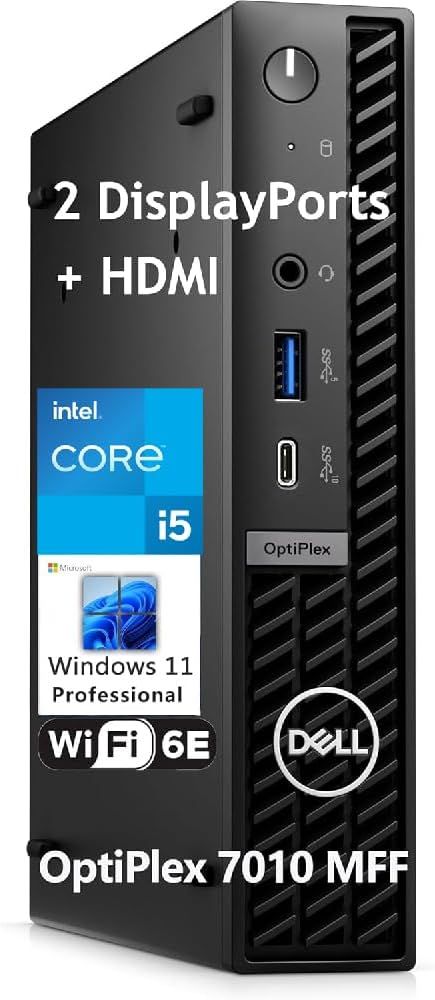 Displays the Dell OptiPlex 7010 MFF desktop computer with key specifications and features to inform shoppers about the hardware capabilities and included software. Uses text overlays and graphic…