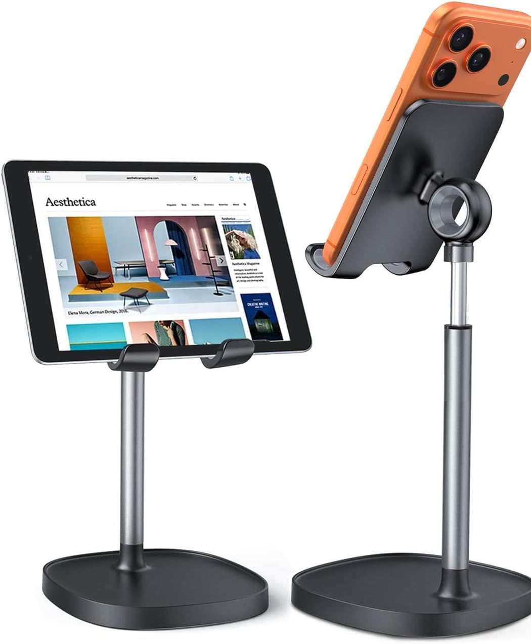 Demonstrates how the stand holds both tablets and phones at adjustable angles, showing its versatility and hands-free viewing functionality for different devices. Clearly displays the core product -…