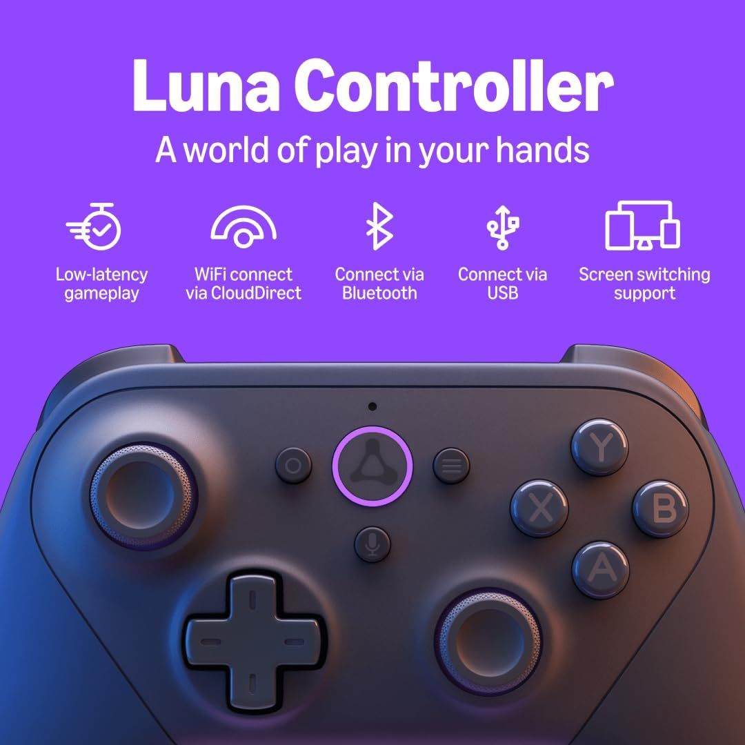 Showcases the Luna Controller as the core product while highlighting its key technical features including low-latency gameplay, WiFi CloudDirect connection, Bluetooth connectivity, USB connection,…