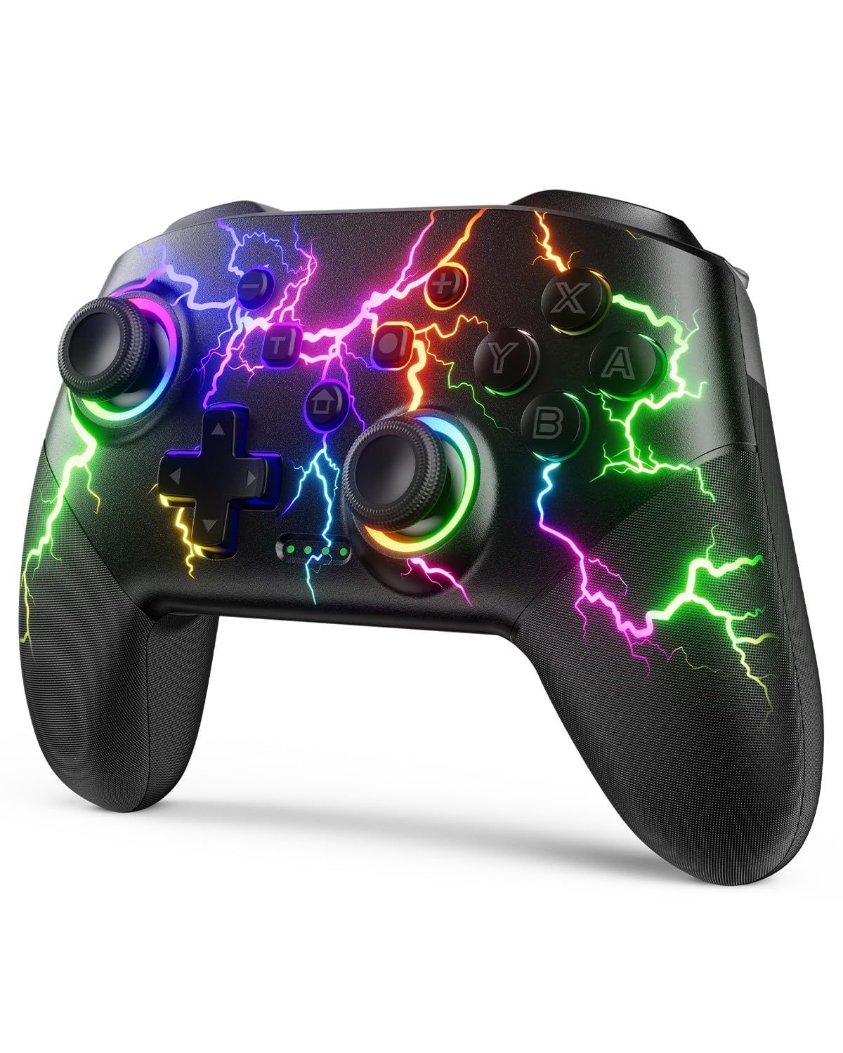Showcases the gaming controller with vibrant RGB lighting effects to communicate its premium gaming aesthetic and customizable lighting features. Uses dramatic lightning bolt graphics overlaid on…