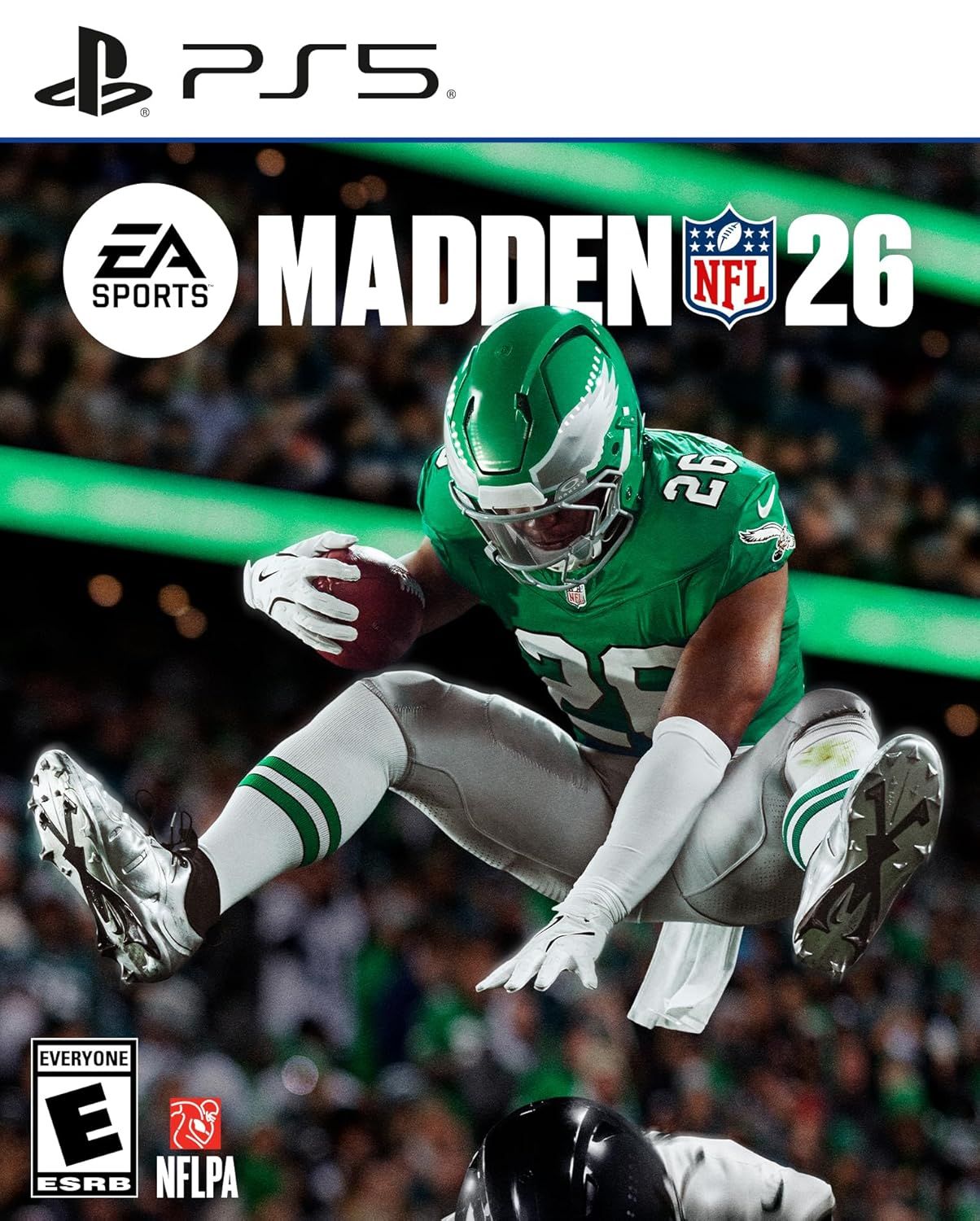 This is the retail packaging for Madden NFL 26 on PS5, showing the game cover art with branding, logos, and rating information to help shoppers identify the product and platform compatibility.
