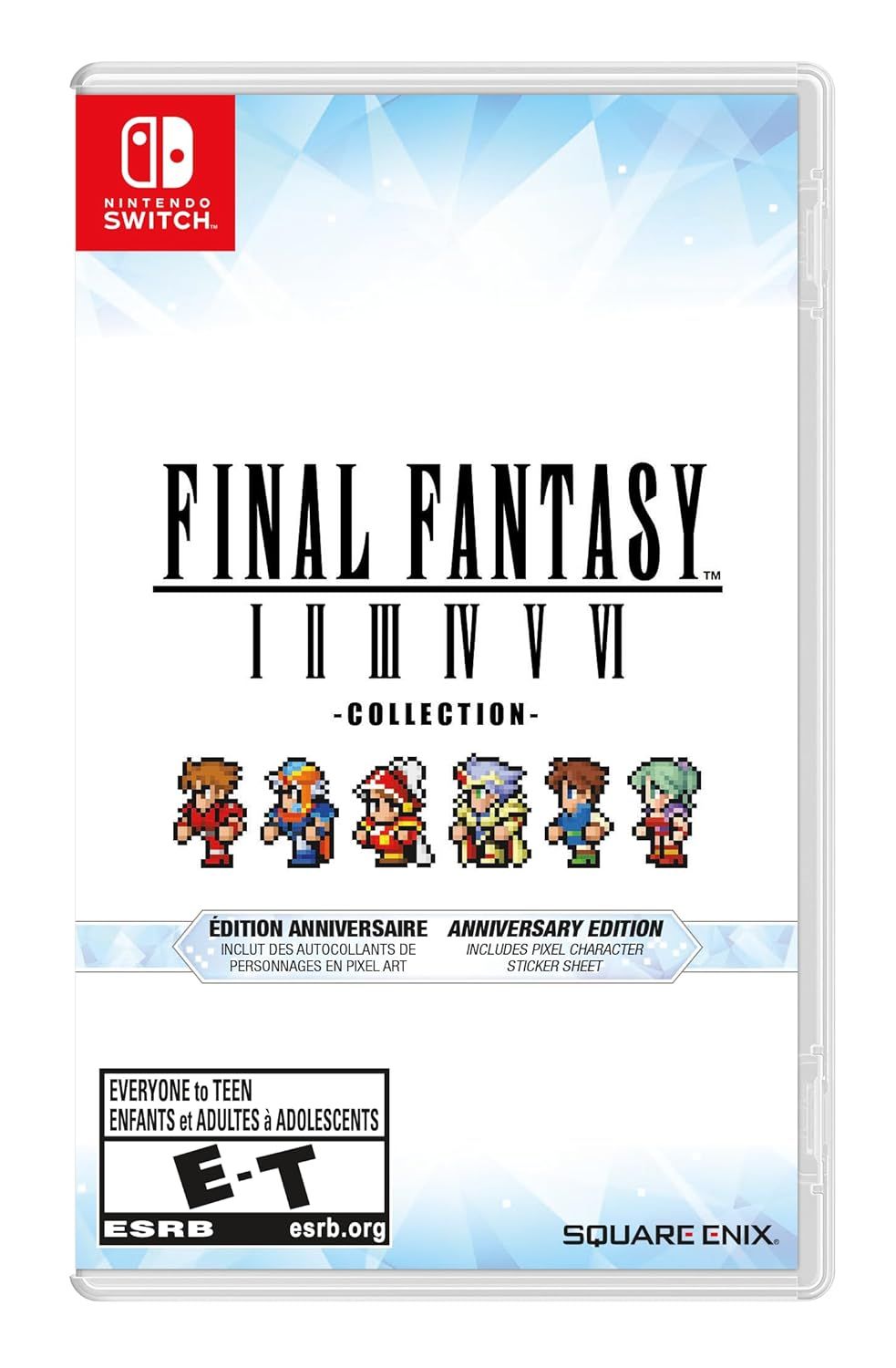 Shows the physical retail packaging for the Final Fantasy Collection on Nintendo Switch, communicating what the buyer will receive and helping them identify the product on store shelves or in their…