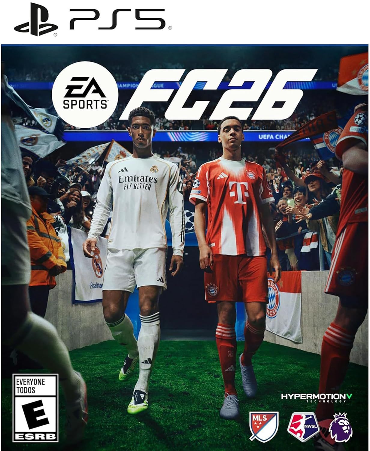 Displays the EA Sports FC 26 video game for PS5, showcasing the product packaging with featured soccer players to communicate the game's focus on authentic soccer simulation and UEFA Champions…
