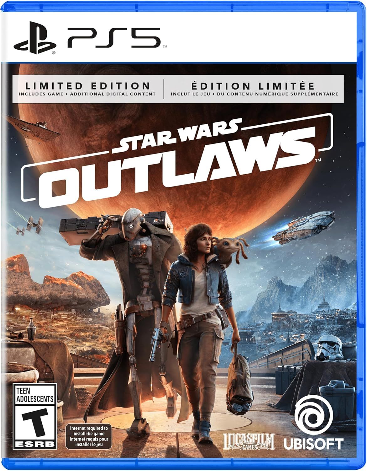 Shows the physical retail packaging for the Star Wars Outlaws Limited Edition PS5 game, communicating to shoppers exactly what they will receive and the special edition status of the product.