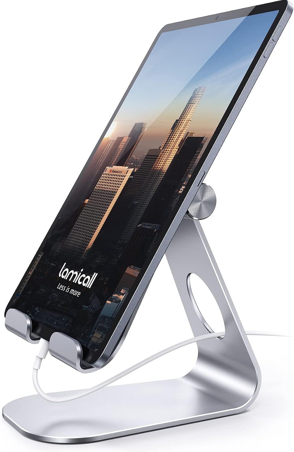 Shows the tablet stand as the core product with a tablet mounted on it, demonstrating its sleek aluminum construction and adjustable viewing angle to communicate quality and functionality.…