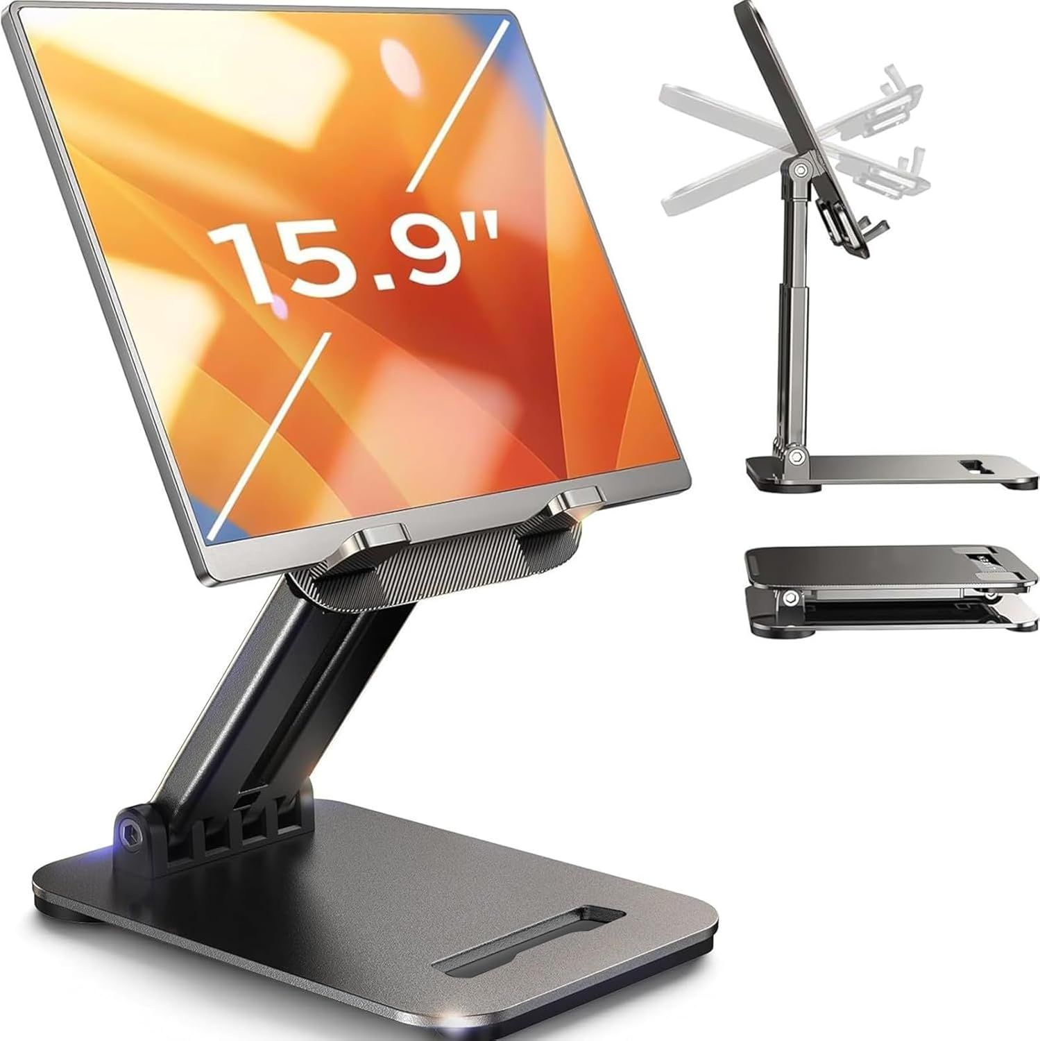 Demonstrates the tablet stand's adjustable positioning capability and foldable functionality, showing shoppers how the product can be configured for different viewing angles and storage states.…